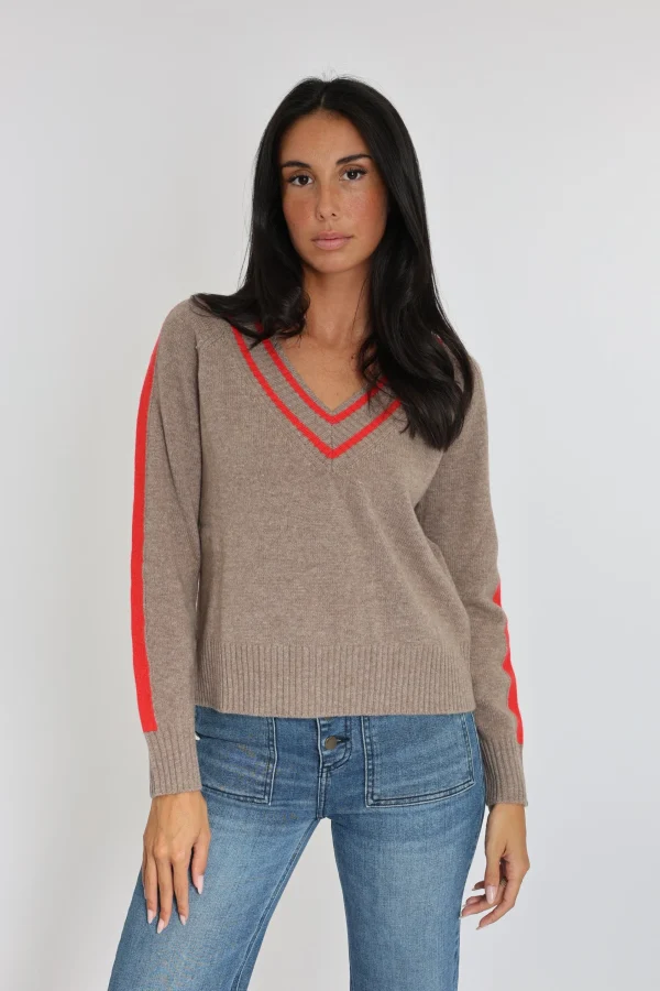 KOOKAÏ PULL COL V ASTRID BEIGE CHINÉ/ROUGE Beigechine/rouge Hot