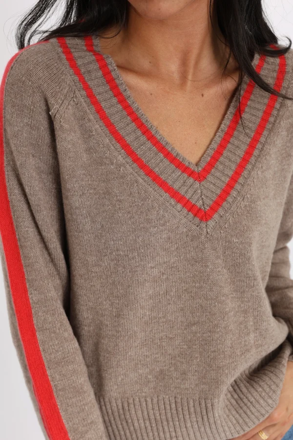 KOOKAÏ PULL COL V ASTRID BEIGE CHINÉ/ROUGE Beigechine/rouge Hot