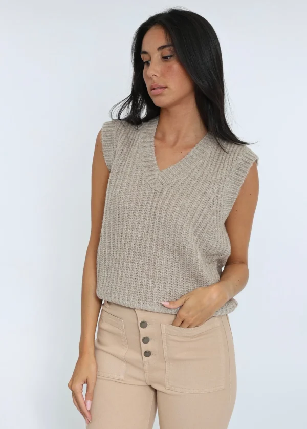 KOOKAÏ PULL COL V LANA BEIGE CHINÉ Beigechine Online
