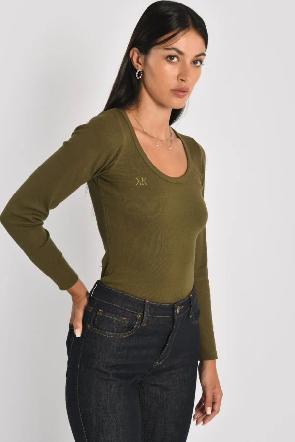 KOOKAÏ T-SHIRT FINES COTES COL DANSEUSE MERRY Kaki Shop